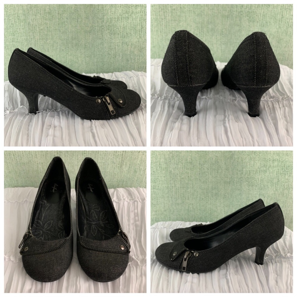 Black Denim Mary Jane Heel Pump Shoe Low Heel 7.5 - Picture 3 of 7